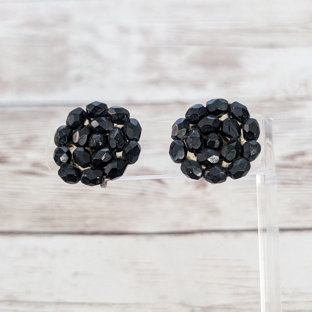 Vintage Screw Back Earrings Black Beads 7/8"